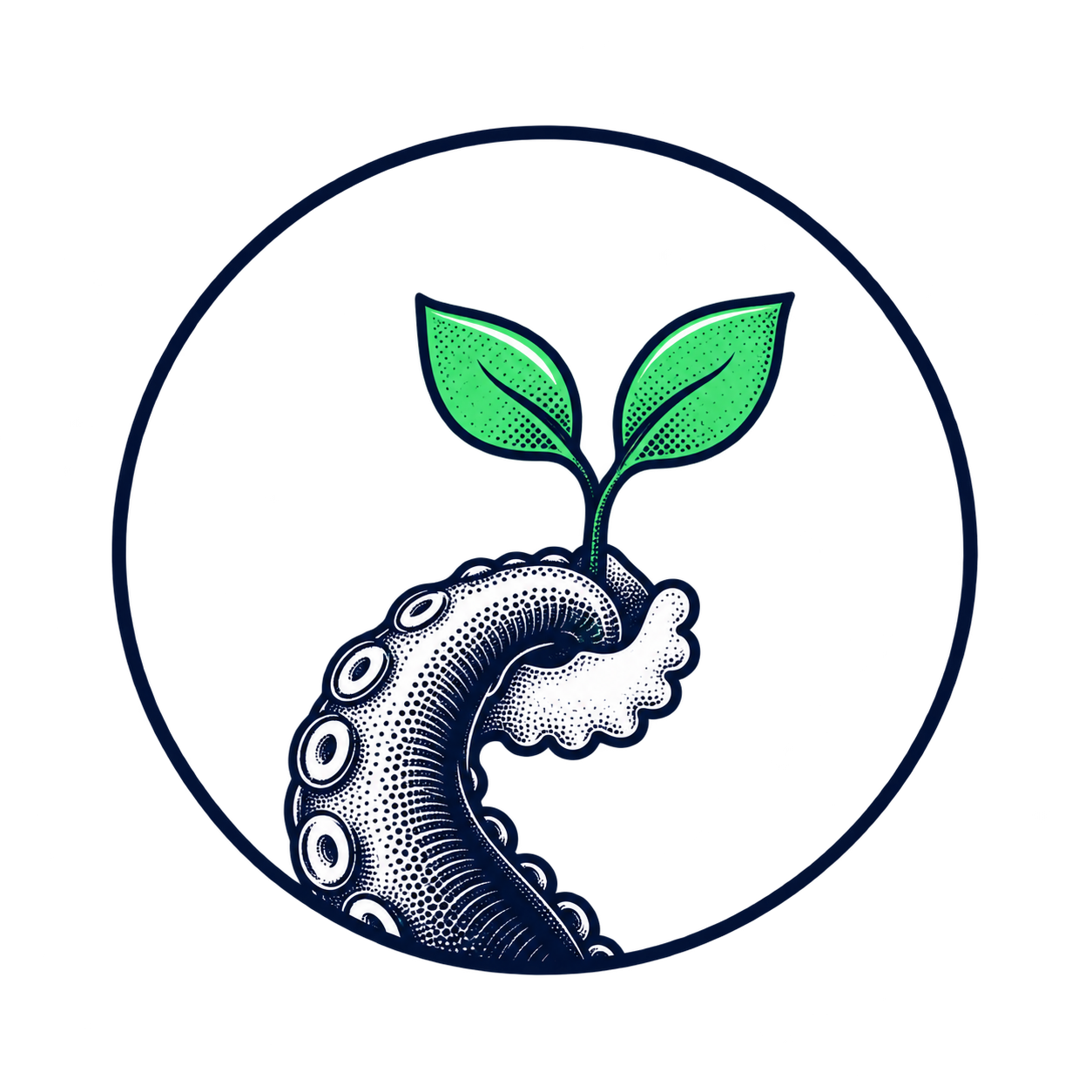 Growth: octopus tentacle holding a stem of green leaves
