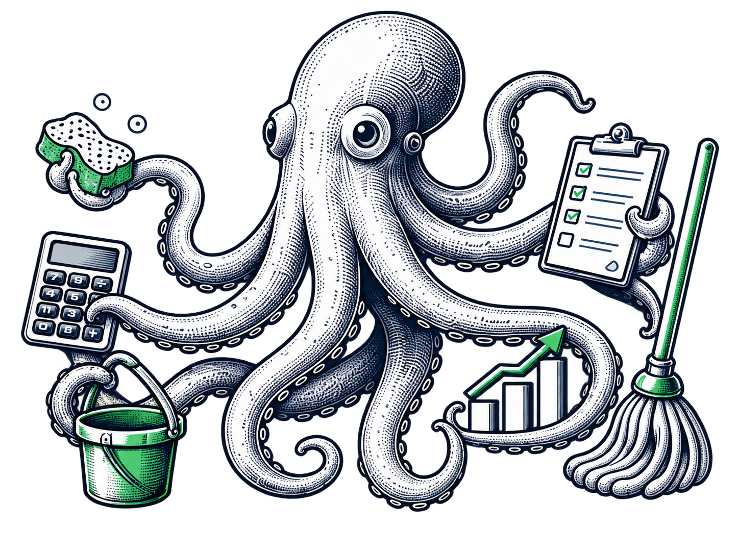 Illustration of an octopus holding a sponge, calculator, bucket, growth chart, clipboard and mop — one owner doing every job in the business.